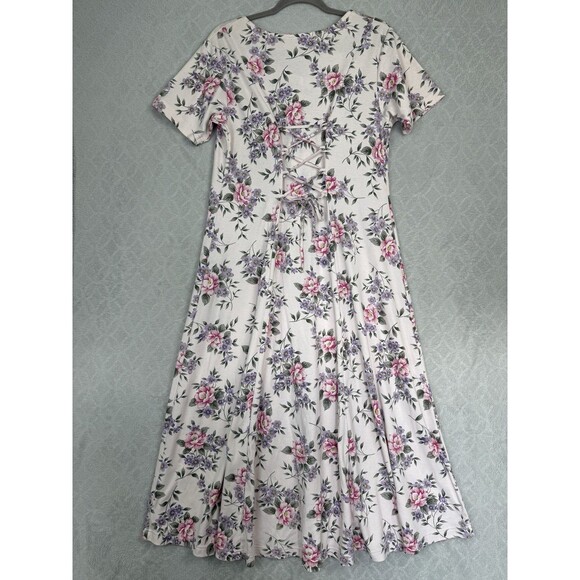 Vtg 90s Knit Maxi Dress Large Pink Floral Ties Cottage Modest Grandma Feminine - Picture 7 of 15